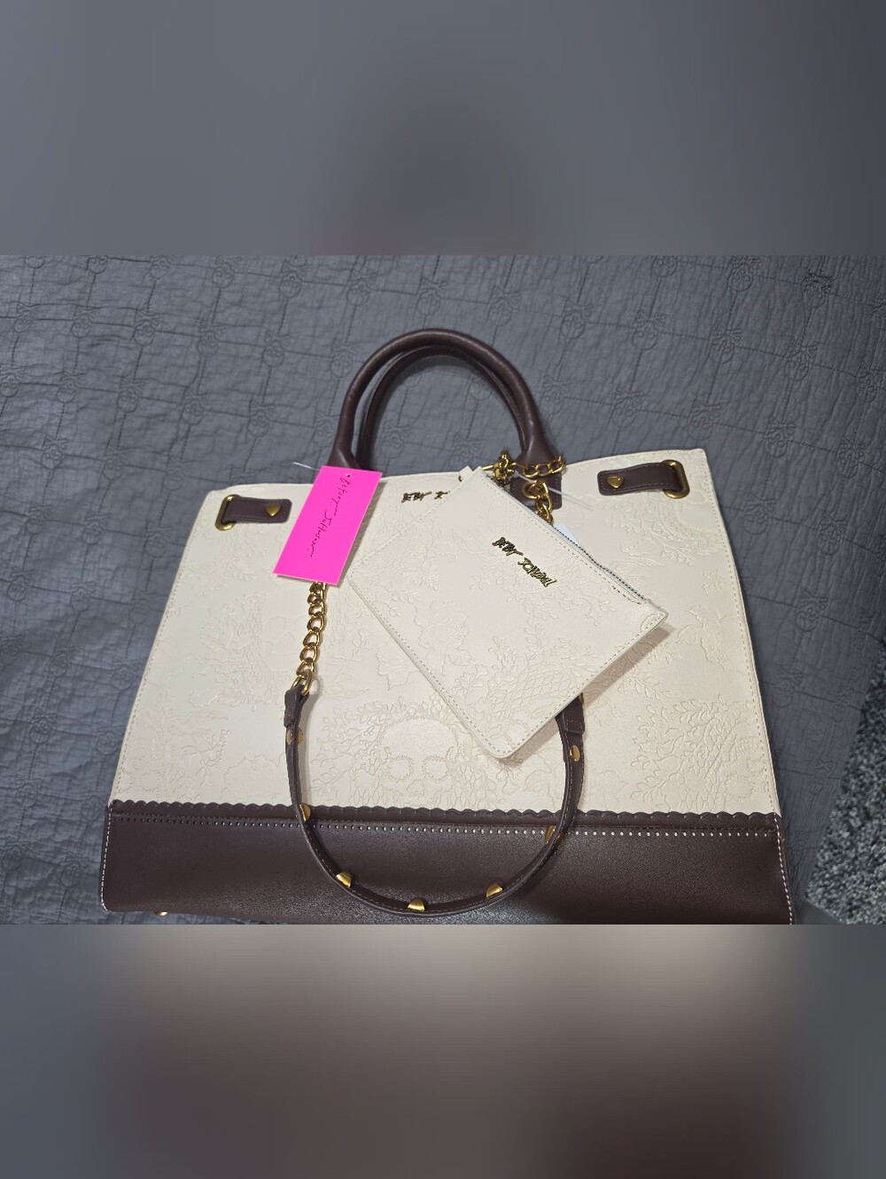 Betsey Johnson white and brow Embossed Skull Floral Tote with Gold Chain Accents